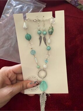 Handmade Turquoise Bead Necklace with Silver Wing Charm - Women Jewelry
